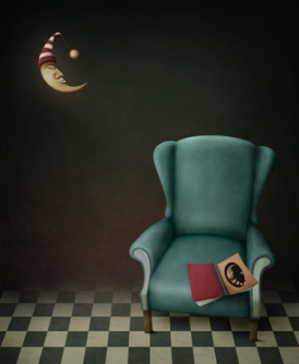 This is an image of a book laying open on the edge of a chair beneath a crescent moon wearing a nightcap. Whoever was sitting in the chair no doubt just got up to write! Image Copyright Larissa Kulik, 2013. Used under license from Shutterstock.com.